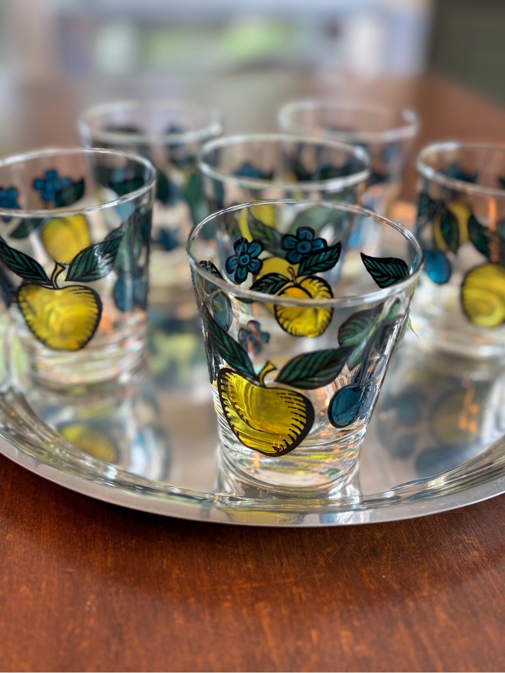 MCM Fruit-Patterned Glass Tumblers - Yellow & Blue in hard to find set of 6